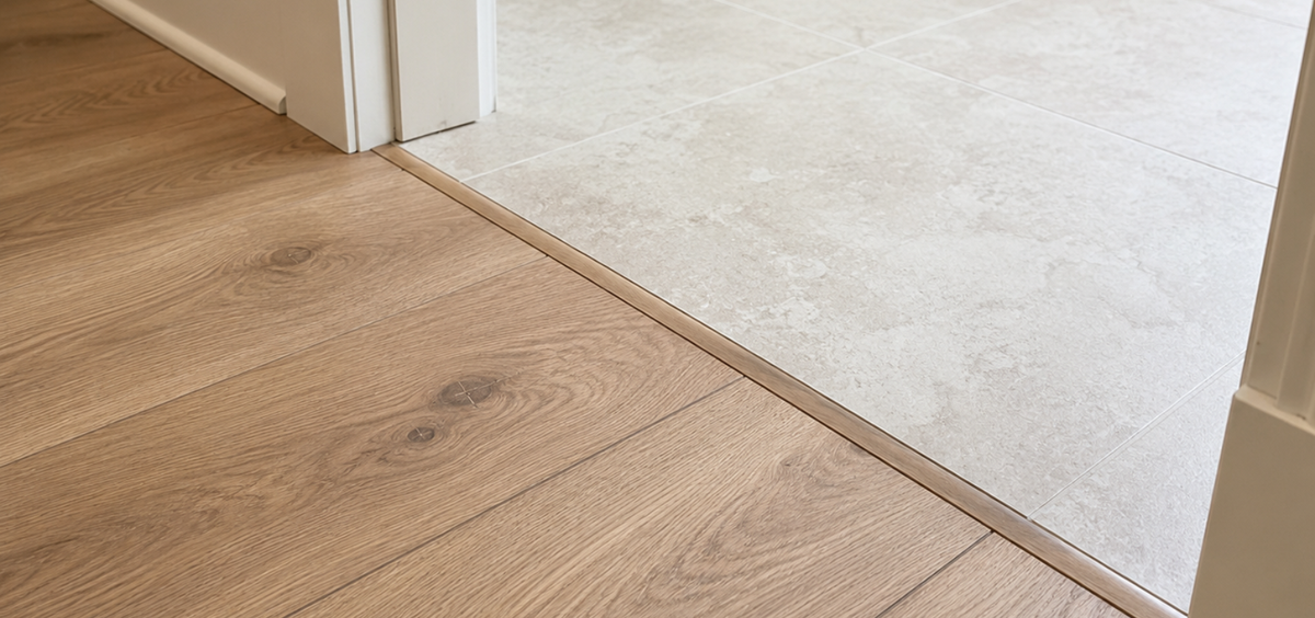 Luxury vinyl plank flooring transition to tile in Austin home - 1700x800
