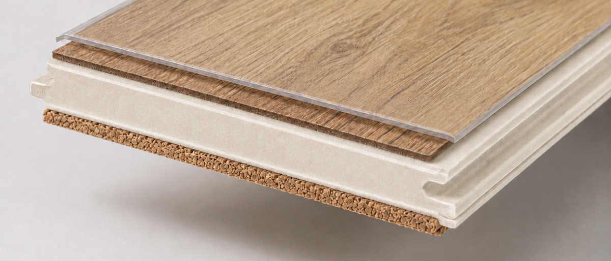 Luxury vinyl plank with attached cork underlayment close up-1400x600