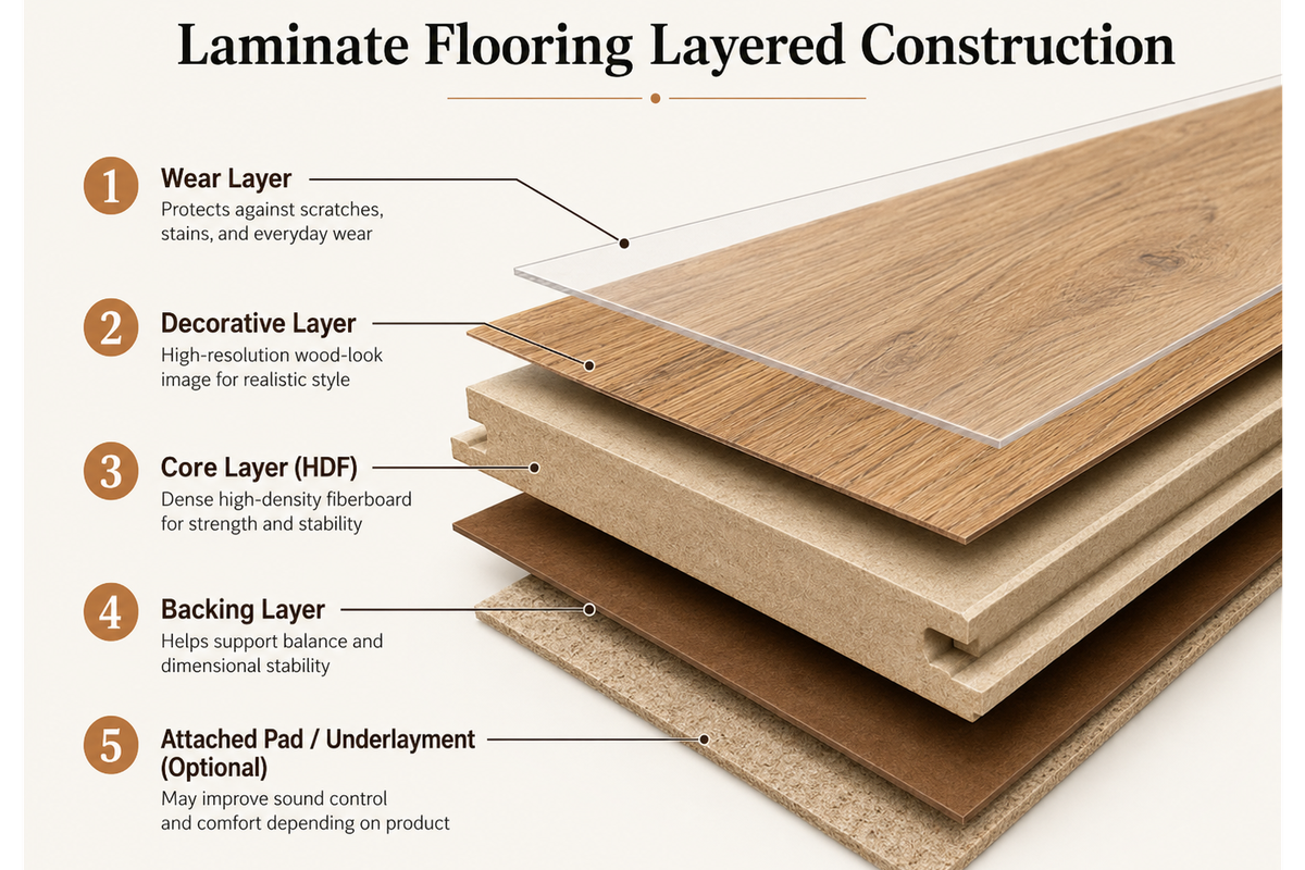 Laminate flooring layered construciton with wear layer core and backing - 1500x1000